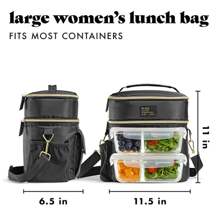 Fit & Fresh Westminster Dual-Compartment Insulated Lunch Bag for Women, Complete Lunch Set with 2 Containers, Double Deck Insulated Cooler Bag with Adjustable Strap, Black