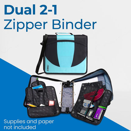 Case-it The Dual 2-in-1 Zipper Binder | Two 1.5-Inch D-Rings, 600 Sheet Capacity, Pencil Pouch & Multiple Pockets | School & Office Organizer with Shoulder Strap | Dual-101 Spearmint
