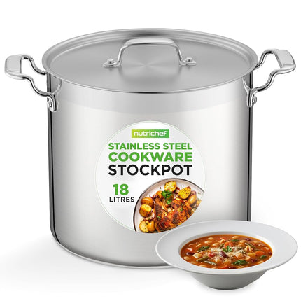 NutriChef Stainless Steel 18L Stock Pot with Lid, Extra Large Cooking Soup Pot, Heavy Duty Induction Stockpot for Bulk Cooking