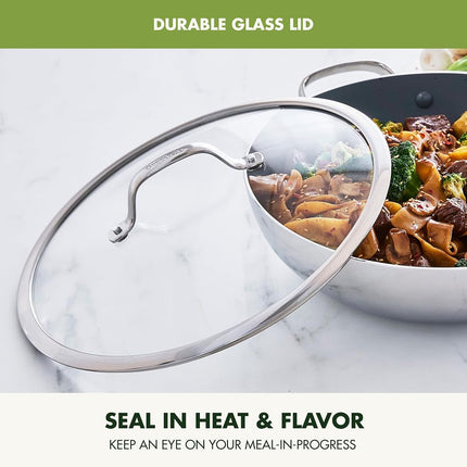 GreenPan Valencia Pro Wok 3-plis en acier inoxydable 30,5 cm avec couvercle, revêtement antiadhésif en céramique sans PFAS, batterie de cuisine multi-couches, induction, passe au lave-vaisselle, passe au four et sous le gril