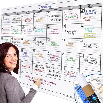 Calendario de pared mensual de borrado en seco extragrande de 38" x 50", pizarra blanca laminada de borrado en seco, calendario en blanco, 30 días, líneas cuadradas