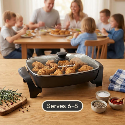 Elite Gourmet EG-6203# Extra Deep 16"x13"x3.2" (10.5Qt.) Scratch Resistant, Easy Pour Spout Dishwasher Safe, Non-stick Electric Skillet with Glass Vented Lid, Adjustable Temperature, Black