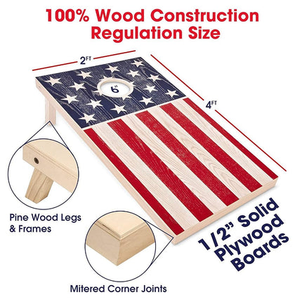 GoSports Regulation Size Solid Wood Cornhole Set - American Flag Design - Includes Two 4 ft x 2 ft Boards, 8 Bean Bags, Carrying Case, and Game Rules