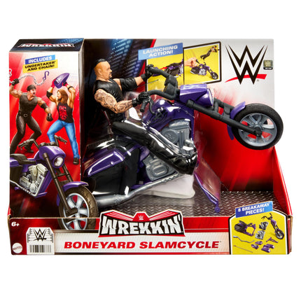 WWE Coffret Figurine Articulée et Véhicule, Undertaker avec Moto Slamcycle à Lancement et Pièces Cassables, HTR84