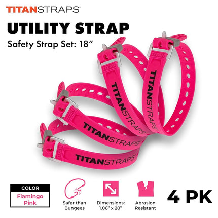 Titan Utility Straps – Easy-To-Use, Reliable Tension Straps for Securing Bike & Moto Gear, Skis, Garden Hoses, Field Repairs – Use in Frigid Temp – 60 lb. Working Load, 18" Length, Fluoro Pink, 4-Pack