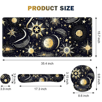 Gaming Mouse Pad, Large Desk Mat, Cute Desk Pad Protector, 4in1 XXL Mousepad + Keyboard Wrist Rest+Mouse Wrist Rest+Coaster Set with Ergonomic Desk Pad for Home Office PC Computer, Stars and Moon