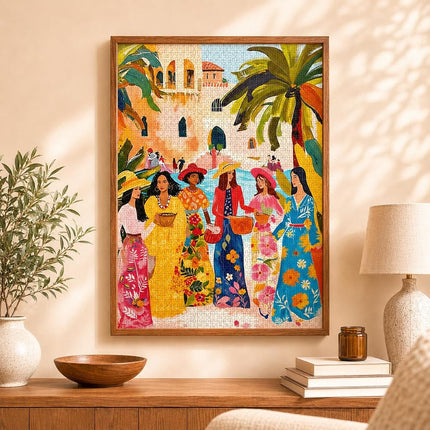 Saharan Sun: Fashion Under The Palms by Cross & Glory - 1000 Piece Moroccan Desert Jigsaw Puzzle, Eco-Friendly, Vibrant Colors, Ideal for Adult Puzzle Enthusiasts