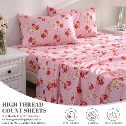 Bedlifes Rose Floral Sheet Set Luxury Ultra Soft Wrinkle-Free Hypoallergenic Pattern Printed Bed Sheets Deep Pocket Flat Sheet& Fitted Sheet& Pillowcase 100% Microfiber 3 Piece Twin Pink Flowers