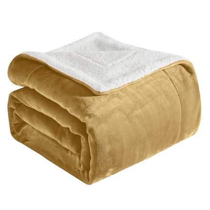 Manta Ultra Suave Reversible de Franela Sherpa Elegant Comfort - Manta Acogedora de Lana Sedosa para Sofá, Cama - Manta de Invierno Afelpada y Cálida para Regalo, Queen, Dorado
