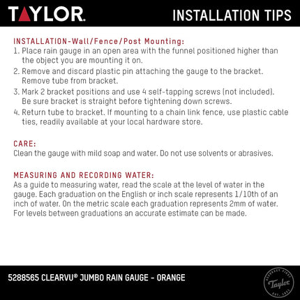Taylor Precision Products 5288565 ClearVu Rain Gauge, Orange