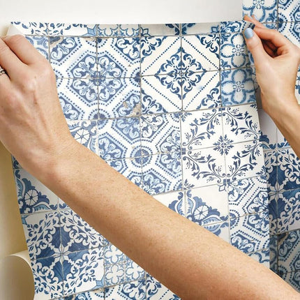 RoomMates RMK11083WP Blue Mediterranian Tile Peel and Stick Wallpaper