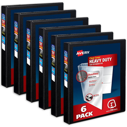 Avery Heavy-Duty View 3 Ring Binders, 1 Inch One Touch Slant Rings, 250-Sheet Capacity, DuraHinge, 1.4 Inch Wide Spine, Customizable Clear Cover and Spine, Black Binders (6-Pack of 79275)