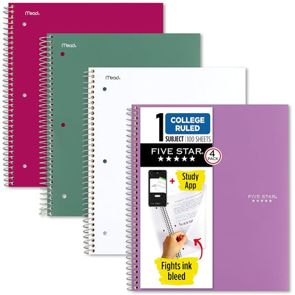 Five Star Spiral Notebook + Study App, 4 Pack, 1 S
