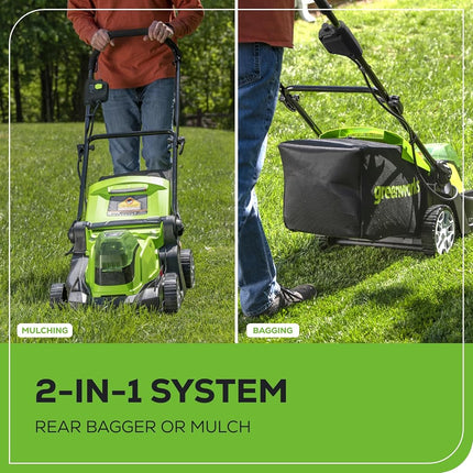 Greenworks 48V (24V x 2) 17" Brushless Mower+12" String Trimmer +320CFM Blower,(2) 4.0Ah Batteries and 2A Dual Port Charger