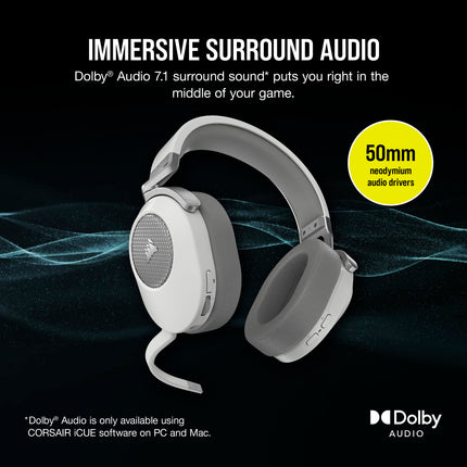 Auriculares inalámbricos multiplataforma para juegos Corsair HS65 con Bluetooth - Sonido envolvente Dolby 7.1 - Micrófono omnidireccional - iCUE - PC, Mac, PS5, PS4, Nintendo Switch, Móvil - Blanco