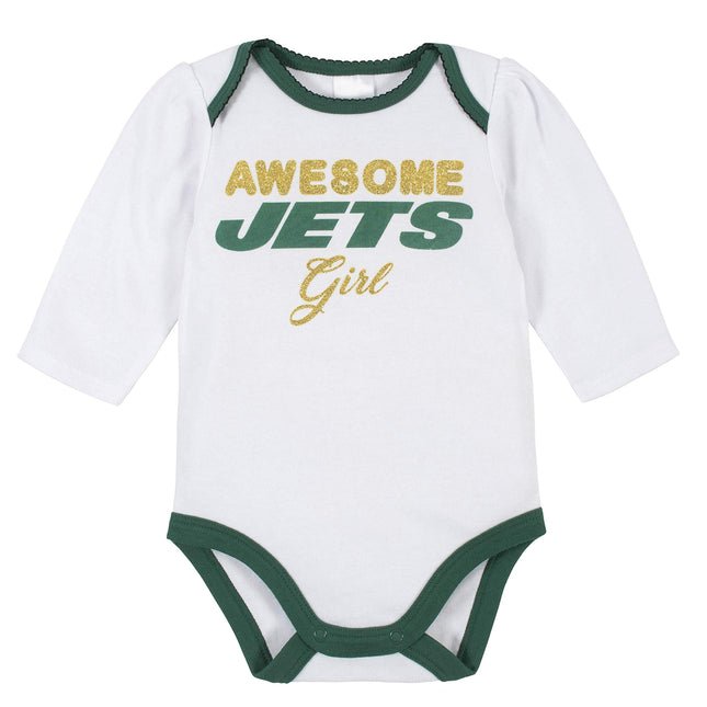 NFL New York Jets 3 Pack Bodysuit Footed Pant and Cap Registry Gift Set, Green/White New York Jets, 6-9M