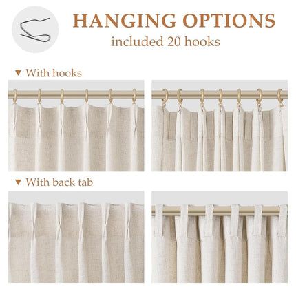 Aersas Linen Pinch Pleated Curtains 84 Inch Length 2 Panels Set for Living Room Cream Semi Sheer Window Curtain for Bedroom Boho Farmhouse Neutral Back Tab Drape Decor with Hooks, Natural Beige Ivory