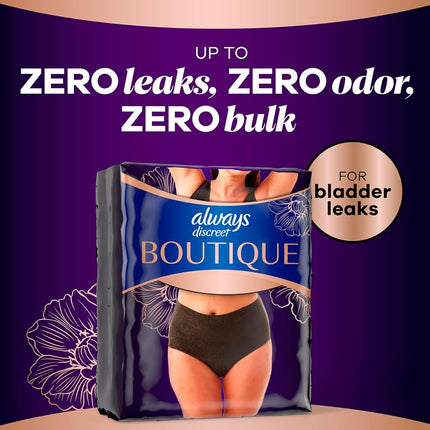 Ropa interior para incontinencia y posparto para mujer Always Discreet Boutique, protección máxima, talla grande, negra, 18 unidades