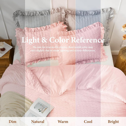 JOLLYVOGUE Seersucker Comforter Set, 3 Pieces Bed in a Bag Comforter Set, Lightweight & Fluffy Bedding Sets for All Season with 1 Ruffle Comforter and 2 Ruffle Pillowshams, King, Pink