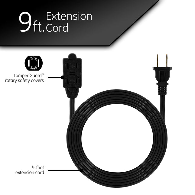 GE 3 Outlet Power Strip, 9 Foot Cord, 2 Prongs, 16 Gauge, Twist Lock Safety Covers, Home or Kitchen, UL Listed, Black, 45149