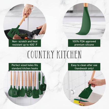 Country Kitchen Non Stick Silicone Utensil Set with Rounded Wood Handles for Cooking and Baking, 38 Piece Set, Green