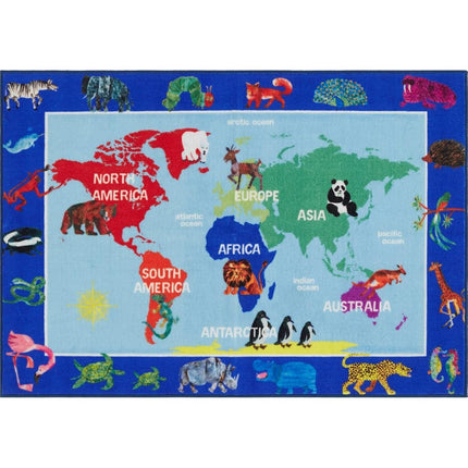 Alfombra Home Dynamix Eric Carle Elementary World Map, 6'6"x9'5", Gráfico/Estampado Mapa Mundial Azul/Verde/Rojo