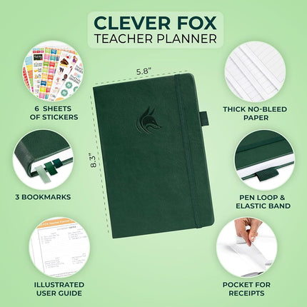 Clever Fox Teacher Planner – School Year Planner with Calendars & Lesson Plans – Teacher Plan Book for Classroom & Homeschool Organization - Undated, A5 Size, Hardcover (Dark Green), CFTP