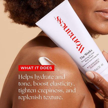 Womaness The Works Crema Corporal Alisadora Todo en Uno - Cuidado de la Piel para la Menopausia, Loción Corporal Hidratante y Tratamiento Tonificante para Piel Crepé - Crema Reafirmante con Niacinamida y Ácido Hialurónico (200ml)