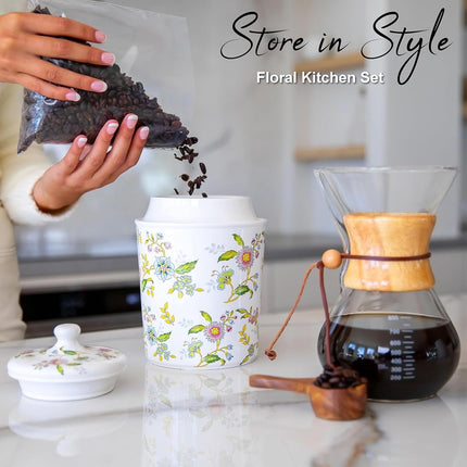 25DOL 60 Ounce Kitchen Ceramic Canister with Lid - Large Air Tight Coffee Grounds Container with Elegant Floral Pattern - Great Airtight Flour Jar, Tea Canister & Cute Cookie Jar