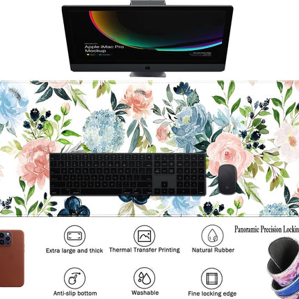 Teng DA Qing Gaming Green Desk Mat Mouse Pads Purple Blue Pink Floral Pad Large, XL Big Computer Keyboard with Stitched Edge for Women Home Office Decor Deskmat, 31.5x11.8x0.12 in (XCD-77)