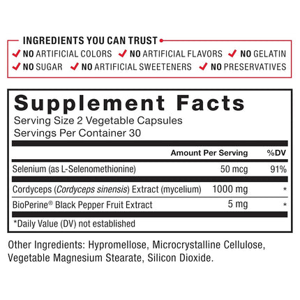 Force Factor Cordyceps Capsules with 1000mg of Cordyceps Sinensis Mushroom Extract, Traditionally Used to Improve Vitality, with BioPerine for Quick Absorption, Key Natural Ingredients, 60 Capsules