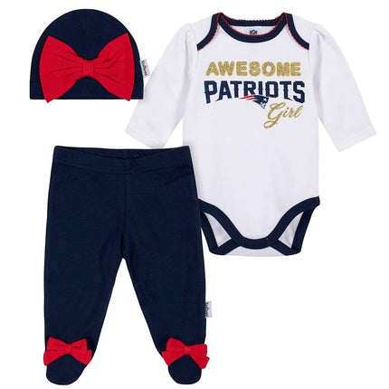 NFL New England Patriots 3 Pack Bodysuit Footed Pant and Cap Registry Gift Set, blue/white New England Patriots, 6-9M