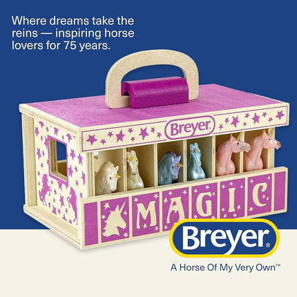 Breyer Bandai Unicorn Magic Wooden Stable Playset, 6 Stablemates 10cm 1:32 Scale Unicorn Toys And Wood Carrying Stable, Plastic Animal Figures Make Great Unicorn Gifts For Girls And Boys