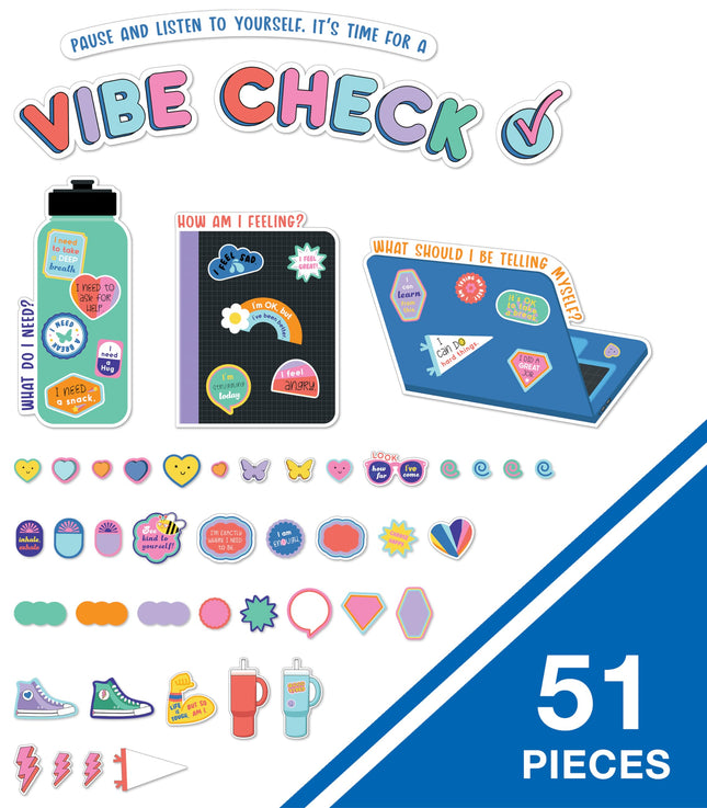 Carson Dellosa We Stick Together Ensemble de 51 pièces pour tableau d'affichage Vibe Check, ordinateur portable coloré, gourde, carnet et accents autocollants pour tableau d'affichage, tableau blanc et décoration de salle de classe colorée
