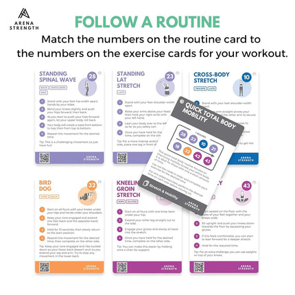 Arena Strength Stretch, Mobility, Flexibility Exercise Cards. Workout Card Decks for Stretching. Improve Mobility and Flexibility.