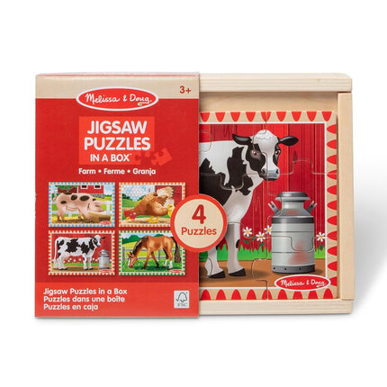 Melissa & Doug Farm Jigsaw Puzzles in a Box (Four Wooden Puzzles, Beautiful Artwork, Sturdy Wooden Storage Box, 48 Pieces, 20.32 cm H x 15.24 cm W x 6.35 cm L)