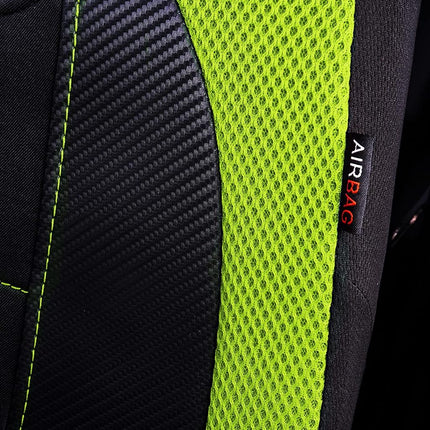 Flying Banner car seat Covers Quality Carbon Fiber Air Mesh Fabric Sport Low High Back Bucket Back Pocket Arm Rest (2 Fronts - Low Bucket, Green)