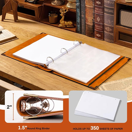Ovesmusl Leather 3 Ring Binder Fits 8.5"x11" Letter Size Paper, 1.5 Inch Round Ring Binder Holds 350 Sheets, Notepad Paper Cover Loose Leaf Organizer, Green Tree