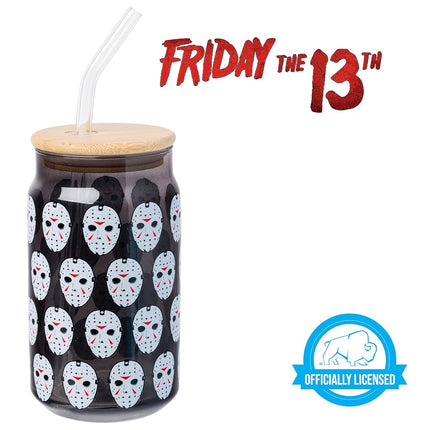 Silver Buffalo Friday the 13th Jason Mask Pattern Black 16oz Glass Tumbler w Bamboo Lid and Glass Straw