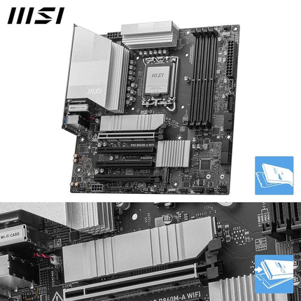 MSI PRO B860M-A WIFI Motherboard, mATX - Supports Intel Core Ultra Processors (Series 2), LGA 1851-12 DRPS, DDR5 Memory Boost (8600+ MT/s OC), PCIe 5.0 x16 & 4.0 x16, M.2 Gen5, Wi-Fi 7, 5G LAN