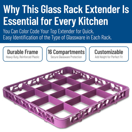 Carlisle FoodService Products Opticlean Plastic Glass Rack, Divided Extender with 16 Compartments for Cleaning, Factories, 19.875 X 19.875 X 1.75 Inches, Lavender