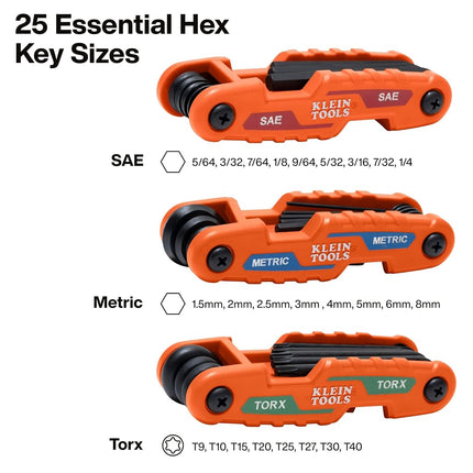 KLEIN TOOLS 70543 3-Piece Compact Folding Hex Key Set, Metric, SAE, Torx Sizes, 25 Keys, Industrial Strength Heat Treated Alloy Steel