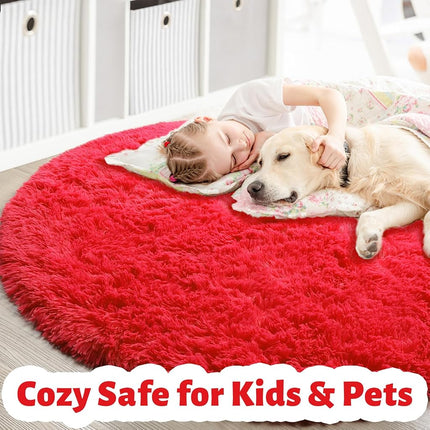 Amdrebio Red Round Rug - Fluffy Circle Carpet, 5'X5', Plush for Bedroom, Kids, Teen Girls, Nursery, Dorm, Baby Room Decor