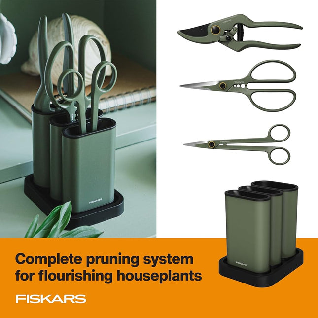 Fiskars Indoor Plant Cutting Set with Storage Precision Garden Tools Caddy, Snips, Shears and Pruner, Set of 3, Green