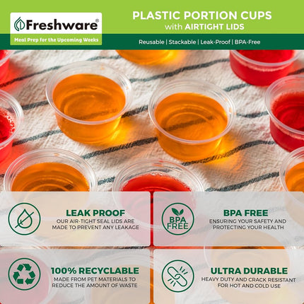 Freshware Plastic Portion Cups with Lids [2 Ounce, 100 Sets] Disposable Plastic Cups for Meal Prep, Salad Dressing, Jellos Shot Cups, Souffle Cups, Condiment and Dipping Sauce Cups