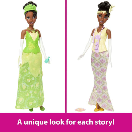 Disney Princess Mattel Toys, Tiana Fashion Doll with 2 Looks, 9 Accessories, 2 Snap-On Bodices & 2 Skirts, 2-in-1 Stories Inspired by Disney Movie