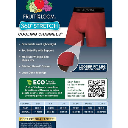 Fruit of the Loom Men's 4-Way Stretch Boxer Briefs | Lightweight & Moisture Wicking Underwear | Long, Regular Leg & Trunk, Cooling Channels-3 Pack-Colors May Vary, XL (Pack of 3)