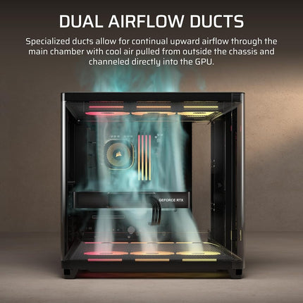CORSAIR AIR 5400 LX-R RGB iCUE LINK Triple-Chamber Mid-Tower Panoramic PC Case – 3x Pre-Installed Reverse-Rotor LX-R RGB Fans, Low-Noise, High Airflow Ducts, Reverse Motherboard Support – Black