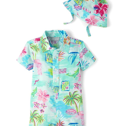 The Children's Place Conjunto de 2 piezas de pelele y gorro de cuadros tejidos para bebés y recién nacidos, diseño floral Cosmos, 6-9 meses