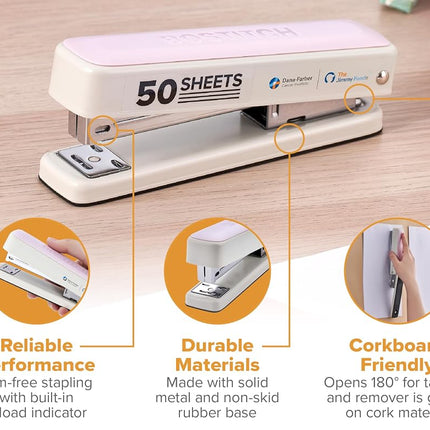 Bostitch Titan Heavy Duty Metal Stapler, 50 Sheet Capacity with 1250 Staples and Ergonomic Staple Remover, Jam Free Stapling, Full Strip Stapler for Desk, Office and Classroom, Pink & White